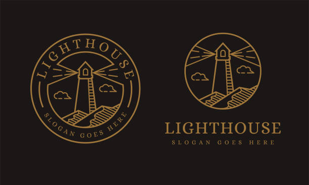 illustrations, cliparts, dessins animés et icônes de modèle vectoriel de logo de phare elegance shinning sur fond sombre - light guide