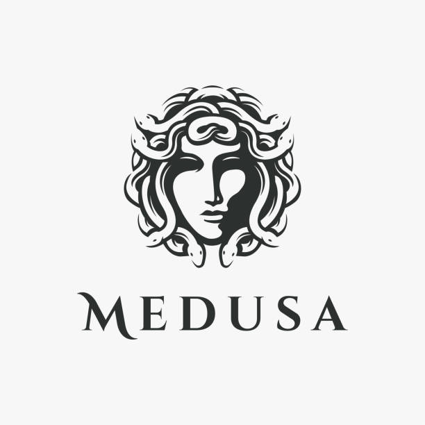 ilustraciones, imágenes clip art, dibujos animados e iconos de stock de cabeza del logotipo de medusa símbolo vector sobre fondo blanco - mitologia griega