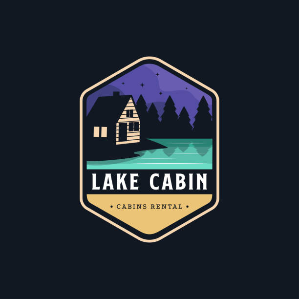 ilustrações de stock, clip art, desenhos animados e ícones de vintage modern outdoor emblem with lake view and cabin house in forest logo icon vector, cottage hut cabin logo template on dark background - lake forest landscape silhouette