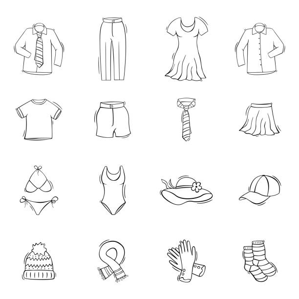 ilustrações, clipart, desenhos animados e ícones de conjunto de ícones desenhados à mão de roupas e acessórios no estilo doodle sketch. - bikini top