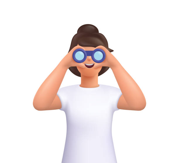 Young smiling woman Jane looking through binoculars. Searching for a job, opportunities, new business ideas. Research, web surfing.3d vector people character illustration. Cartoon minimal style. Young smiling woman Jane looking through binoculars. Searching for a job, opportunities, new business ideas. Research, web surfing.3d vector people character illustration. Cartoon minimal style. telescope lens stock illustrations