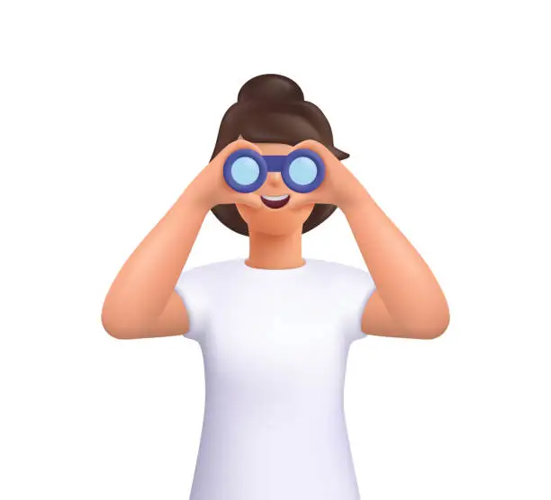Vector illustration of Young smiling woman Jane looking through binoculars. Searching for a job, opportunities, new business ideas. Research, web surfing.3d vector people character illustration. Cartoon minimal style.