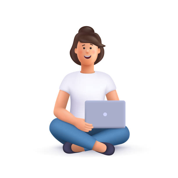 ilustraciones, imágenes clip art, dibujos animados e iconos de stock de joven mujer sonriente jane sentada con las piernas cruzadas, sosteniendo una computadora portátil. freelance, estudio, educación online, trabajo en casa, concepto de trabajo. ilustración de personajes de personas vectoriales en 3d. estilo minimalista de - ser mítico