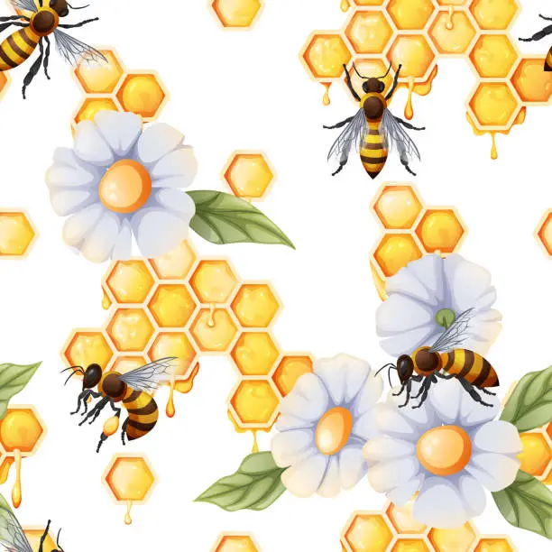 Vector illustration of Seamless background with honeycombs, bees and white flowers. Summer texture for fabric, wallpaper, paper, etc.