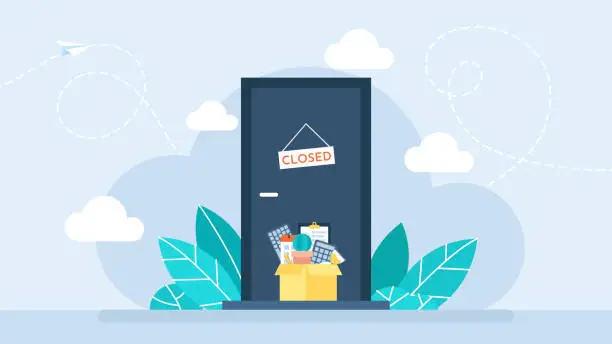 Vector illustration of Firing from a job. Cardboard box full of office stuff. Door with the inscription Closed. Job cuts. Dismissal employee. Unemployment and Jobless concept. Flat style design. Vector business illustration