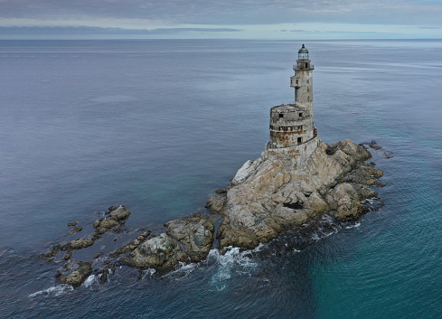 Lighthouse Aniva in Southern Point of Sakhalin Island, Russia. Aerial View.
