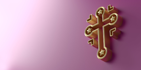 Glorious Christian Cross symbol in 3D to celebrate the resurrection of Jesus Christ from the dead on the date of Easter with ornate golden cross icon concept on blank background with dropped shadow and copy space. Great for Confirmation, Baptism, Easter or any religious celebration.