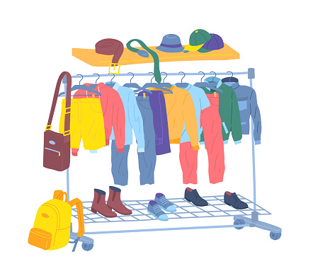 Cartoon Color Male Clothes Hanging on Hangers Men Capsule Wardrobe Concept Flat Design Style. Vector illustration