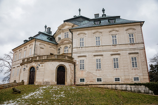 Representative castle Charles's Crown or Karlova Koruna, Baroque chateaus with beautiful gardens, historical palace in winter day, Chlumec nad Cidlinou, Czech Republic, January 23, 2021