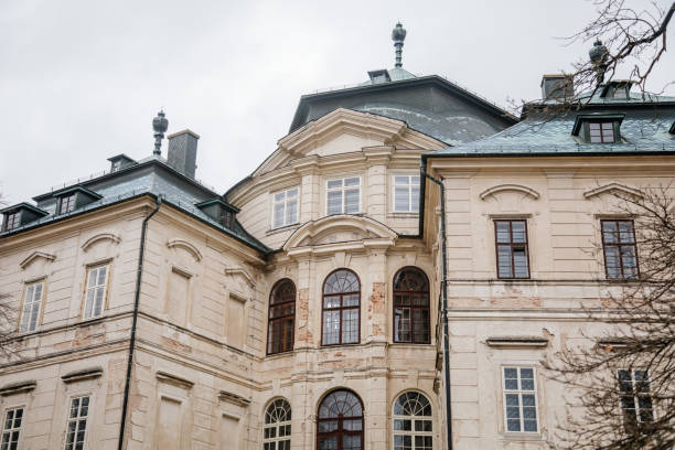Representative castle Charles's Crown or Karlova Koruna, Baroque chateaus with beautiful gardens, historical palace in winter day, Chlumec nad Cidlinou, Czech Republic, January 23, 2021