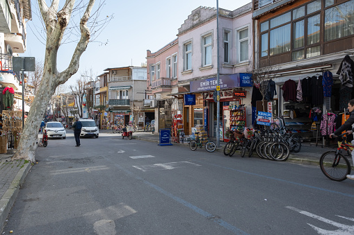 Istanbul,Turkey- February 17,2022:A street in Buyukada, one of the Princes' Islands, also known as Adalar, in the Sea of Marmara off the coast of Istanbul, Turkey.