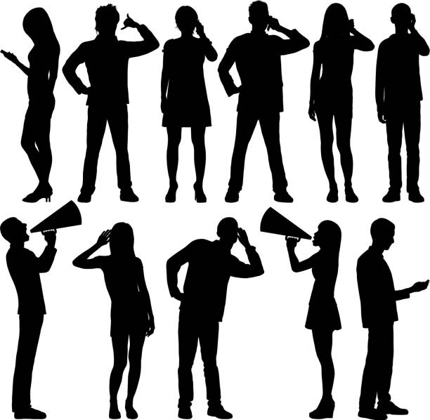 Phones and Megaphones People talking on the phone and with megaphones. megaphone silhouettes stock illustrations