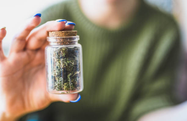 Woman holding jar full of marijuana. Unrecognisable woman holding a jar full of marijuana. cannabis plant stock pictures, royalty-free photos & images