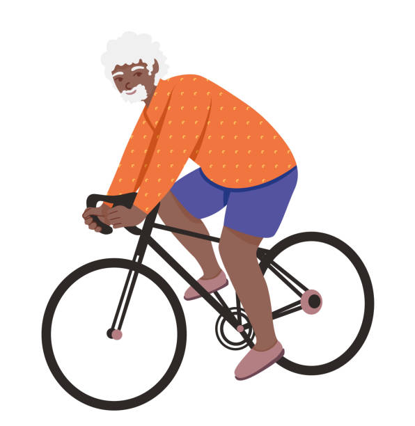 회색 머리를 가진 노인 아프로 미국 남자는 자전거를 타고. 연금 수령자와 노인의 적극적인 레크리에이션을 주제로 한 일러스트레이션. 흰색 배경에 격리된 그림입니다. 벡터 일러스트레이션 - men gray hair vitality healthy lifestyle stock illustrations