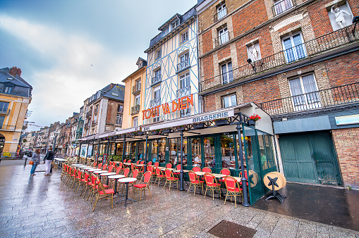 Dieppe, France - July 10, 2014: City restaurants and streets at sunset, Normandy skyline