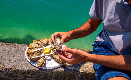 Man ready to eat a wonderful tray of fresh oysters in Normandy