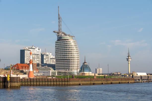 Bremerhaven, Germany - September 15, 2020: View of city skyline with prominent Atlantic Hotel Sail City.