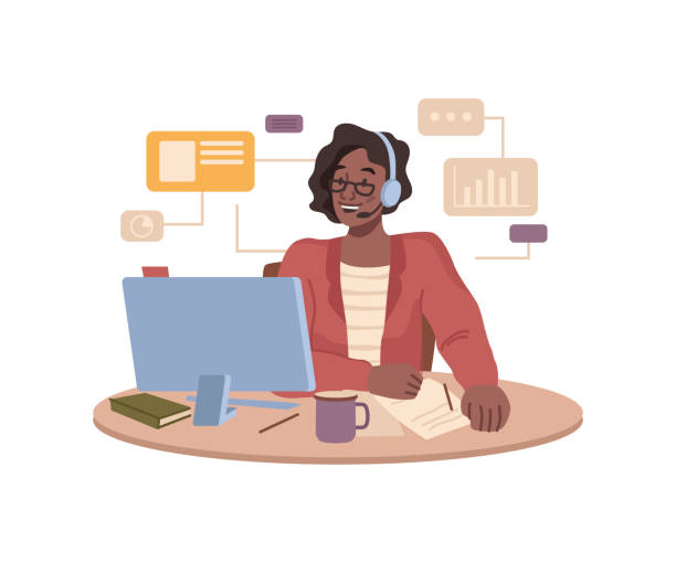 Office worker at online meeting or conference. Vector woman at workplace using computer and headphone talking on phone. Businesswoman speaking to clients and customers. Flat cartoon characte Office worker at online meeting or conference. Vector woman at workplace using computer and headphone talking on phone. Businesswoman speaking to clients and customers. Flat cartoon character hands free device stock illustrations