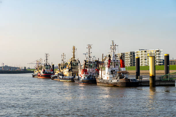 Bremerhaven, Germany - September 15, 2020: Moored fishing boats in a row at the port.
