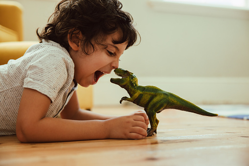 Adventurous young boy imitating a dinosaur toy while lying on the floor in his play area. Creative little boy having fun during playtime at home.