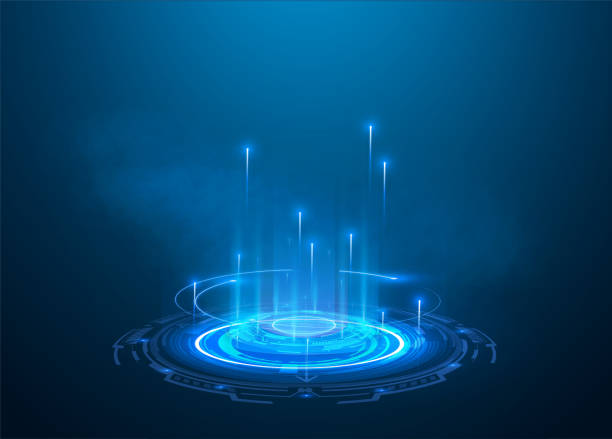A magical blue portal on an isolated background. Glowing blue rings, glowing futuristic elements, hologram, portal. A magic circle for product presentation. Stock vector A magical blue portal on an isolated background. Glowing blue rings, glowing futuristic elements, hologram, portal. A magic circle for product presentation. Podium for teleportation. Digital high-tech railroad station platform stock illustrations