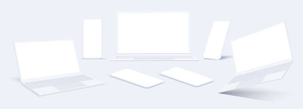 illustrazioni stock, clip art, cartoni animati e icone di tendenza di schermo del computer desktop bianco smartphone notebook portatile. delineare i dispositivi elettronici mockup. vettore azionario - modella