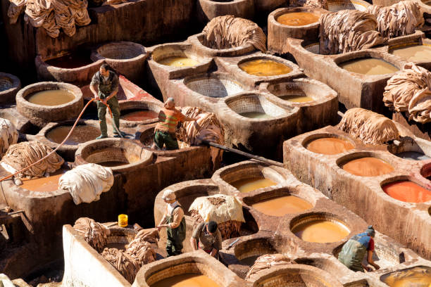 Fez, Morokko - January 21, 2020: The tannery in Fez, where hides have been tanned using the same traditional process for over 1,000 years.