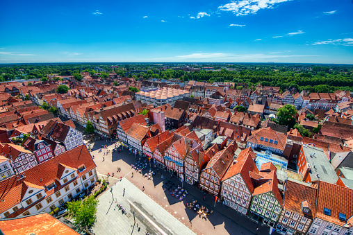 Celle, Germany - July 18, 2016: Aerial view of medieval city streets on a summer day