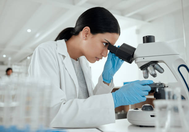 снимок молодой женщины с помощью микроскопа в научной лаборатории - women scientist indoors science стоковые фото и изображения