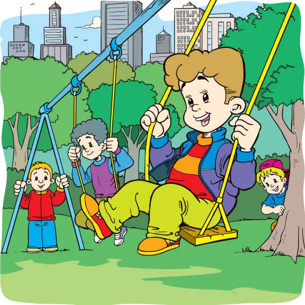 Vector illustration of Children in the park on a swing