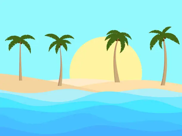 Vector illustration of Palm trees on the beach. Tropical landscape with palm trees on the sea coast. Summer time. Design of advertising booklets, posters and travel agencies. Vector illustration