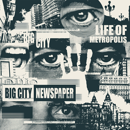 Black and white abstract seamless pattern with fragments of cityscapes, human eyes, headlines. Chaotic vector background on the theme of city life. Monochrome wallpaper, wrapping paper, fabric design