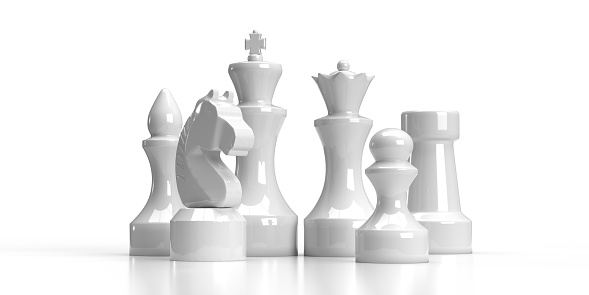 Chessboard Strategic Business Leadership Concept: Realistic chess game pieces 3D icons set with reflection on white illustration background with copy space. King and queen surrounded by Bishop, pawn, rook, knight. Group of minor and major objects standing together. Different board game figures.