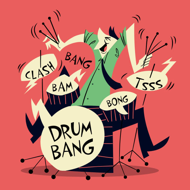drummer-cartoon mit sprechblasen-soundeffekten - cymbal drumstick music percussion instrument stock-grafiken, -clipart, -cartoons und -symbole