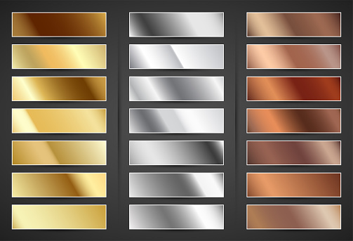 Set of metal gradients. Golden, bronze and silver. Vector isolated illustration.