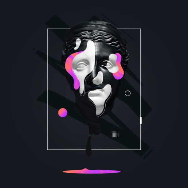 istock Contemporary art collage with plaster head statue isolated on dark fluid geometric background with neon paints. Modern design. Line art. Surrealism. Modern unusual art. 1371925332