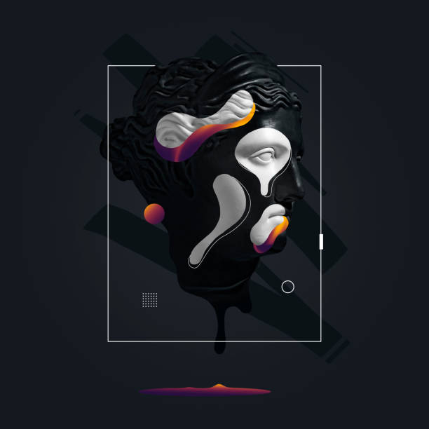 istock Contemporary art collage with plaster head statue isolated on dark fluid geometric background with neon paints. Modern design. Line art. Surrealism. Modern unusual art. 1371925335