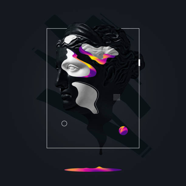 istock Contemporary art collage with plaster head statue isolated on dark fluid geometric background with neon paints. Modern design. Line art. Surrealism. Modern unusual art. 1371925353