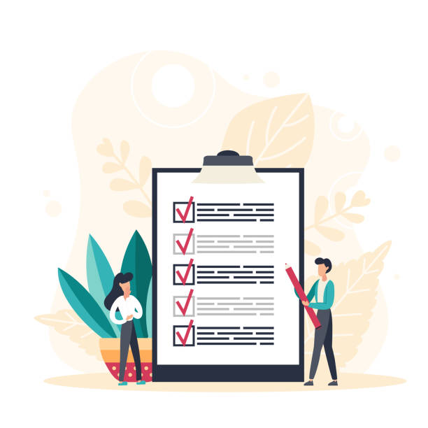 ilustrações de stock, clip art, desenhos animados e ícones de business man with giant pencil nearby marked checklist on a clipboard paper. successful completion of tasks. flat vector illustration - colored background aspirations success achievement