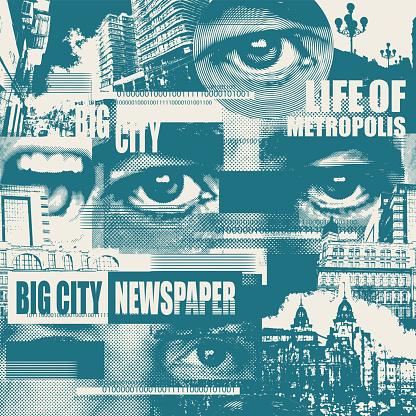 Abstract seamless pattern with fragments of urban landscapes, human eyes, headlines. Monochrome wallpaper, wrapping paper, fabric. Chaotic vector background on the theme of city life in modern style