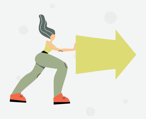 istock Woman pushing an arrow. Picture depicts growth for presentations, diagrams, graphs. Vector drawing with modern character. 1371927056