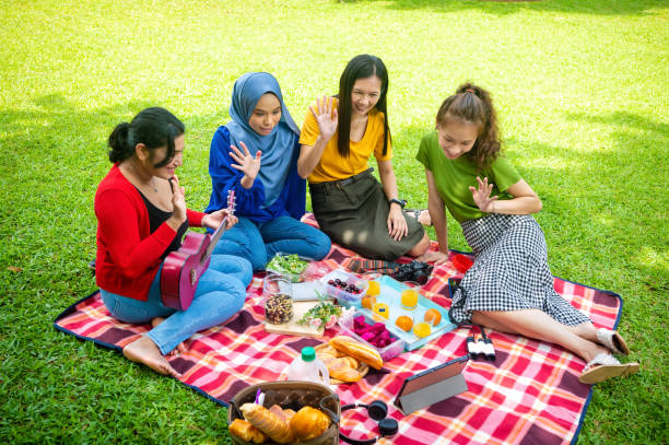 friends making video calling at picnic spot.