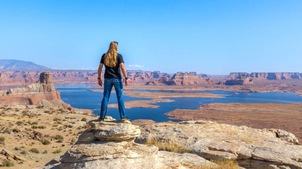 View from Alstrom Point over Lake Powell and the Gunsight Bay in Utah Alstrom Point is a landmark located in Glen Canyon National Recreation Area, in Kane County of southern Utah. This iconic landmark of the Lake Powell area is a cape that extends south into Lake Powell between Padre Bay and Warm Creek Bay. Alstrom Point rises nearly 1,000 feet above the lake when it's full. gunsight butte stock pictures, royalty-free photos & images