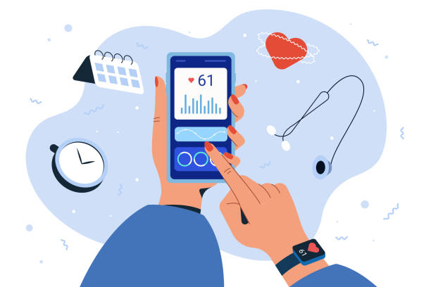 Flat smartphone and smart watch for monitoring heart rate Monitoring heart rate in fitness app on smartphone and smart watch. Flat illustration human hand finger pushing on screen for checking workout results. Sport tracker for pulse HR, heartbeat monitor. wrist exercise stock illustrations