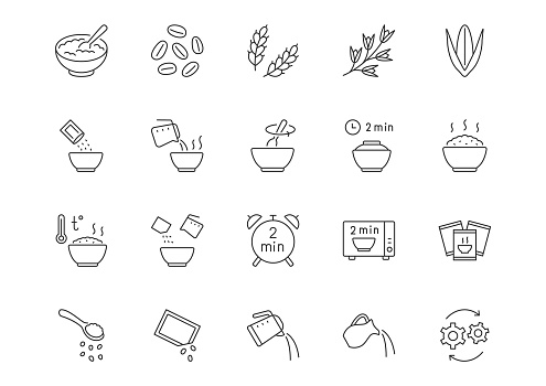Cereal meal line icons. Vector outline illustration with icon - microwave oven, boiled kettle, grain food, warm healthy wheat food. Pictogram for oatmeal breakfast porridge. Editable Stroke.