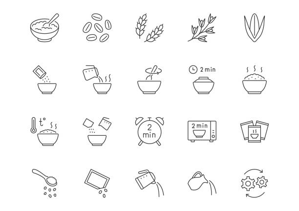 Cereal meal line icons. Vector outline illustration with icon - microwave oven, boiled kettle, grain food, warm healthy wheat food. Pictogram for oatmeal breakfast porridge. Editable Stroke Cereal meal line icons. Vector outline illustration with icon - microwave oven, boiled kettle, grain food, warm healthy wheat food. Pictogram for oatmeal breakfast porridge. Editable Stroke. bowl stock illustrations