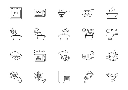 Ready to eat food package line icons. Vector outline illustration with icon - microwave oven, salt shaker, boil, bake, vent tray. Pictogram for semifinished meal prepare instruction. Editable Stroke.
