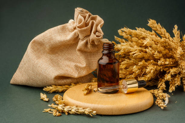 istock Dropper bottle with wheat extract near wheat ears on white background. Eco-bio cosmetics concept. 1371931630