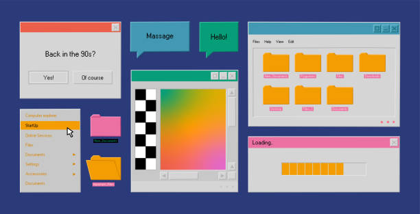 Set of retro user interface tabs and icons. Old computer windows with message Set of retro user interface tabs and icons. Old computer windows with message, folders and buttons. Hand drawn colorful vector illustration isolated on blue background. Modern flat cartoon style. window backgrounds stock illustrations