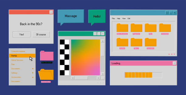 Set of retro user interface tabs and icons. Old computer windows with message Set of retro user interface tabs and icons. Old computer windows with message, folders and buttons. Hand drawn colorful vector illustration isolated on blue background. Modern flat cartoon style. desktop computer backgrounds stock illustrations